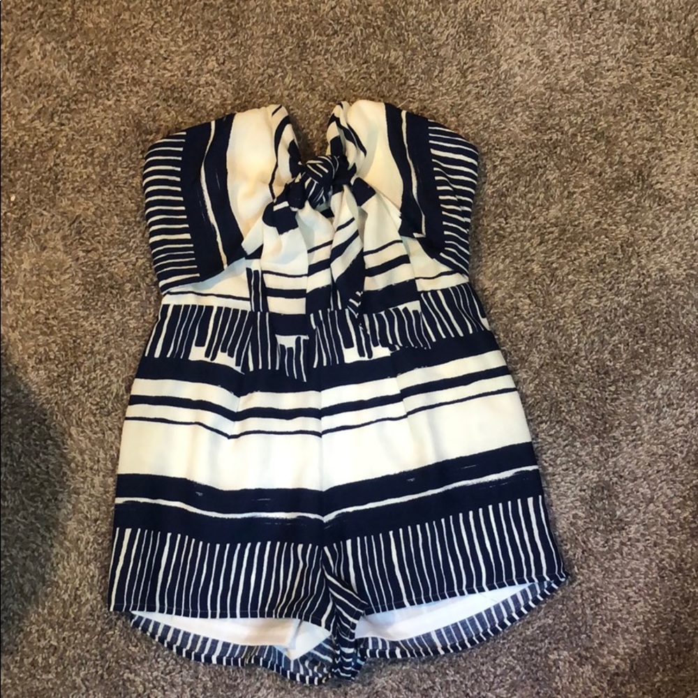 Blue and white striped strapless romper
